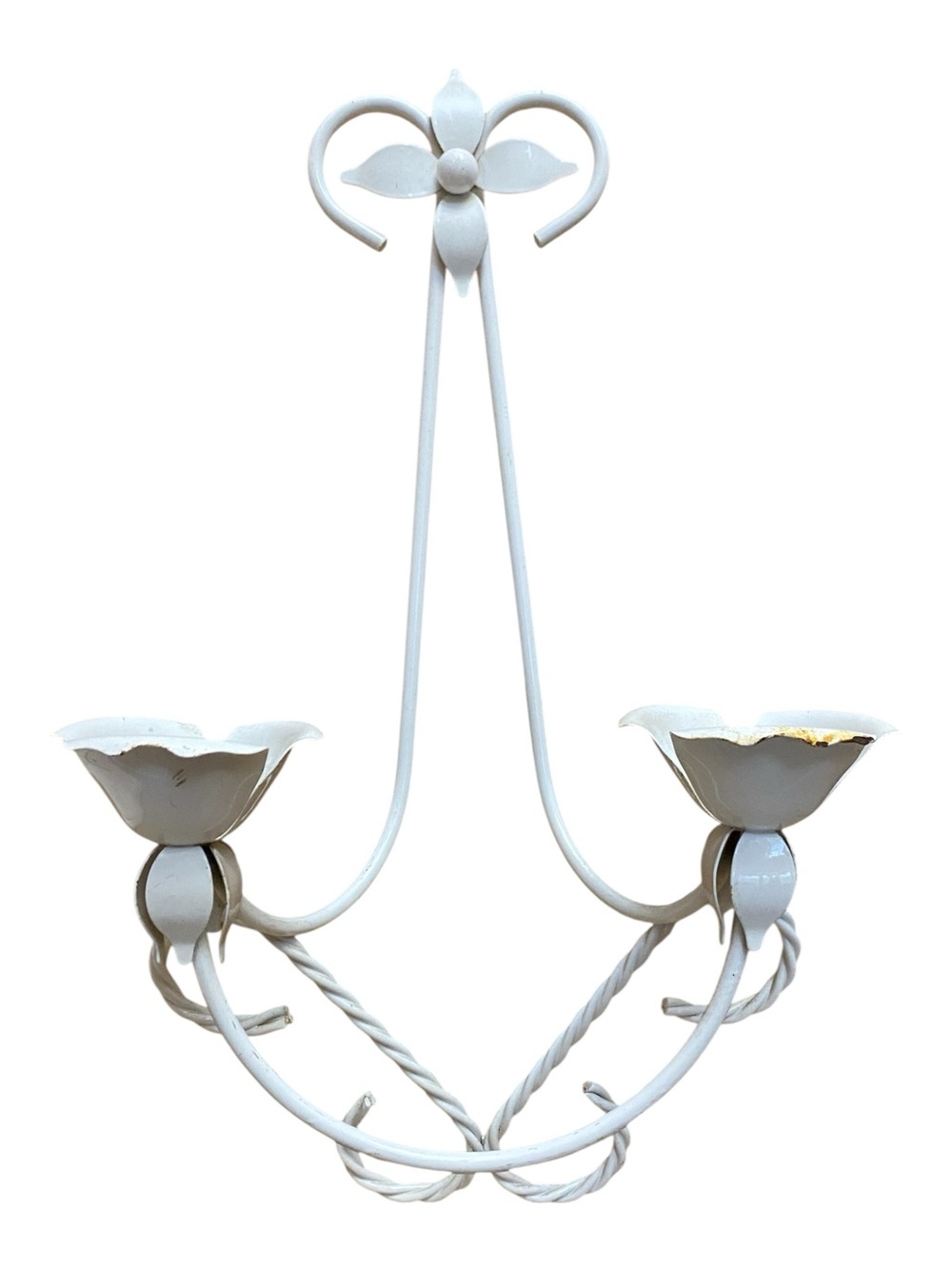 Vintage MCM White Metal Double Tapered Candle Holder Wall Hanging Retro Home